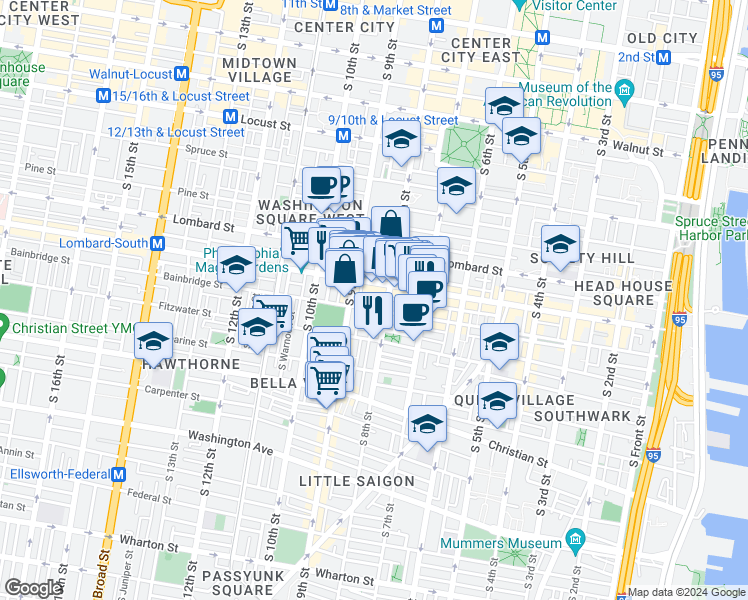 map of restaurants, bars, coffee shops, grocery stores, and more near 810 Kater Street in Philadelphia