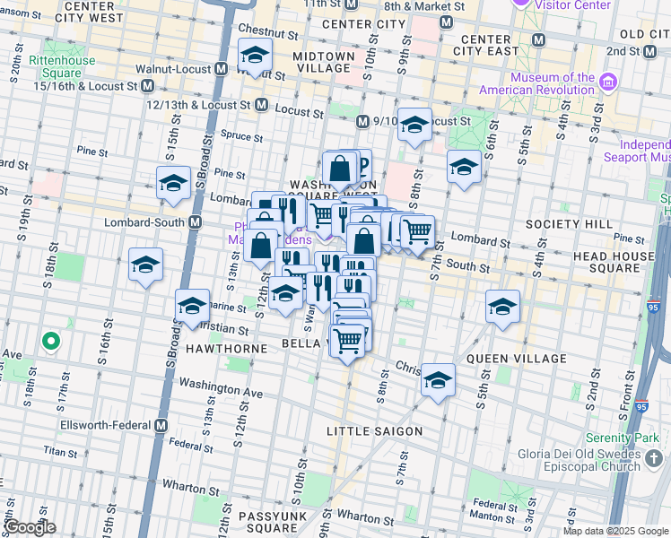 map of restaurants, bars, coffee shops, grocery stores, and more near 626 South 10th Street in Philadelphia
