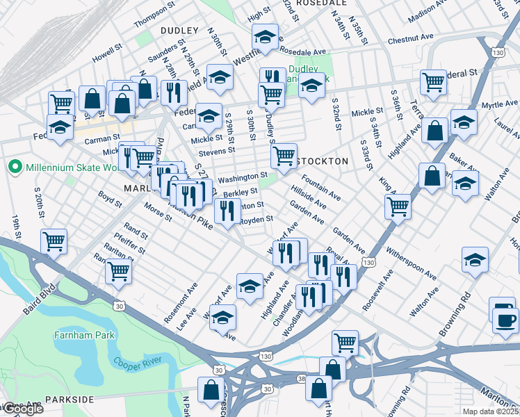 map of restaurants, bars, coffee shops, grocery stores, and more near 2938 Clinton Street in Camden