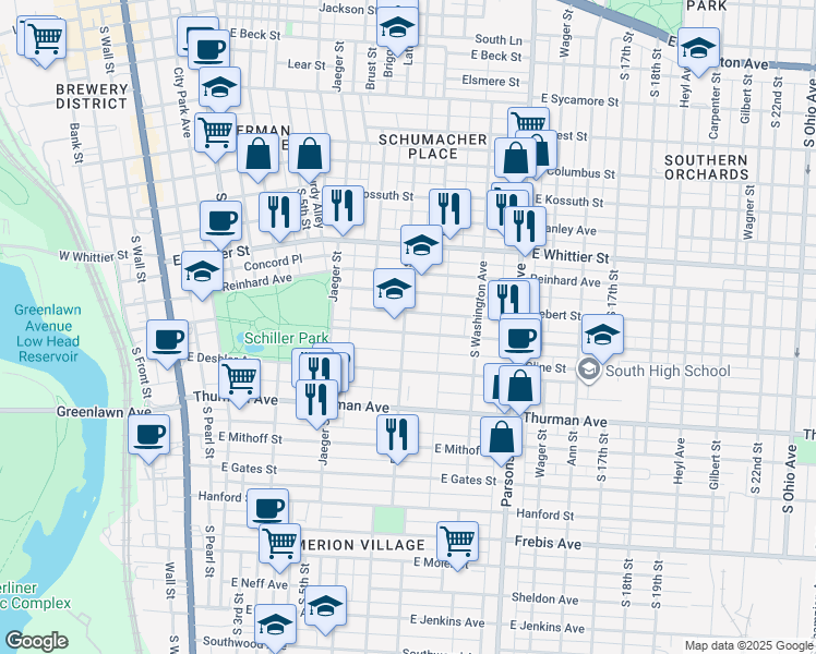 map of restaurants, bars, coffee shops, grocery stores, and more near 338 Stewart Avenue in Columbus