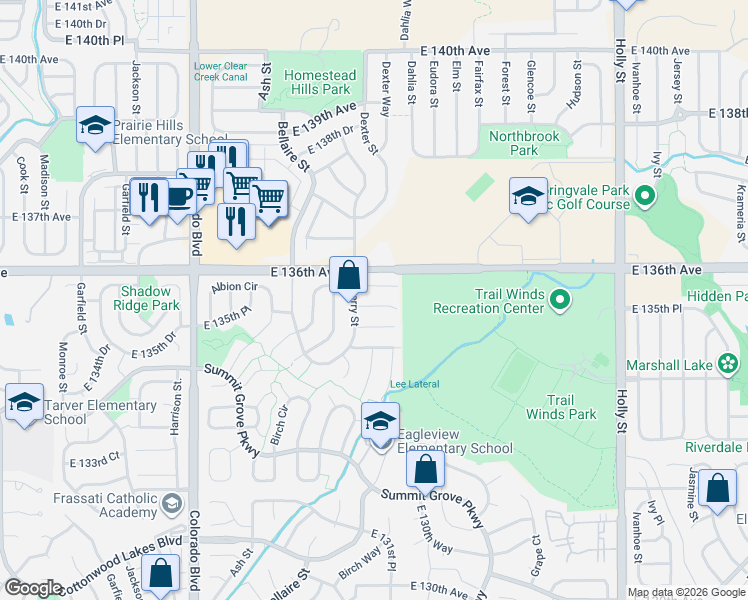 map of restaurants, bars, coffee shops, grocery stores, and more near 4643 East 135th Lane in Thornton