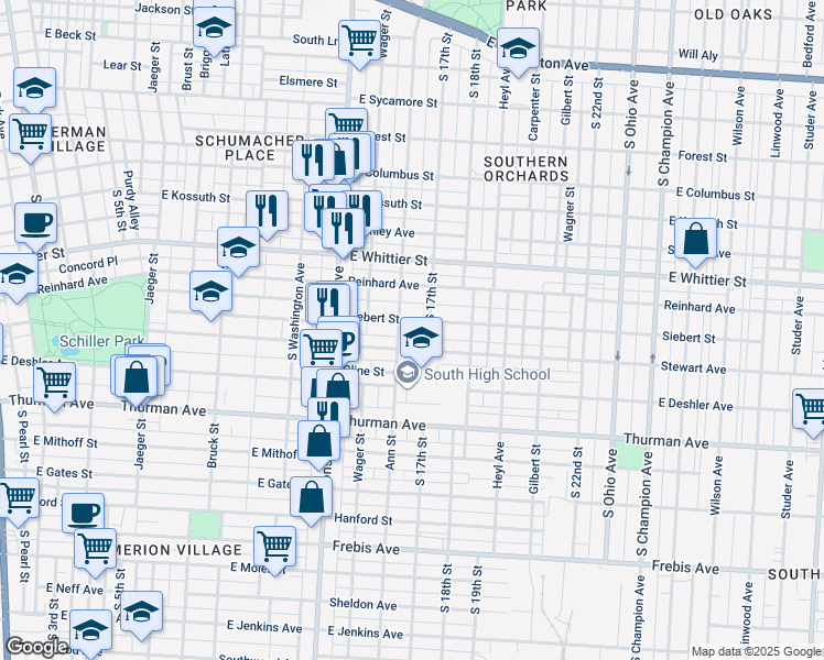 map of restaurants, bars, coffee shops, grocery stores, and more near 611 Siebert Street in Columbus
