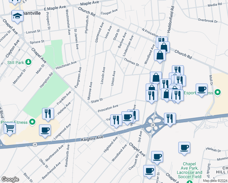map of restaurants, bars, coffee shops, grocery stores, and more near 347 Union Avenue in Cherry Hill