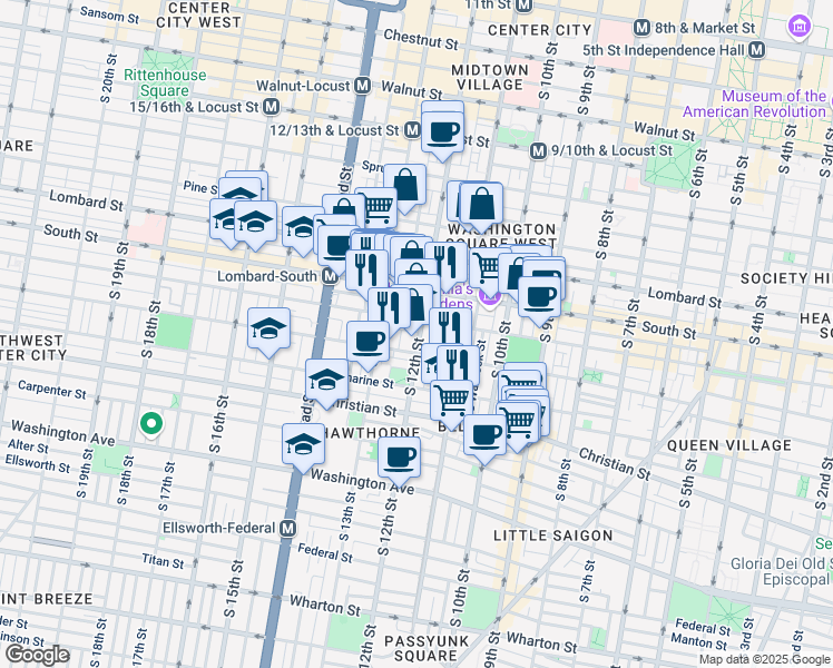 map of restaurants, bars, coffee shops, grocery stores, and more near 712 South 12th Street in Philadelphia