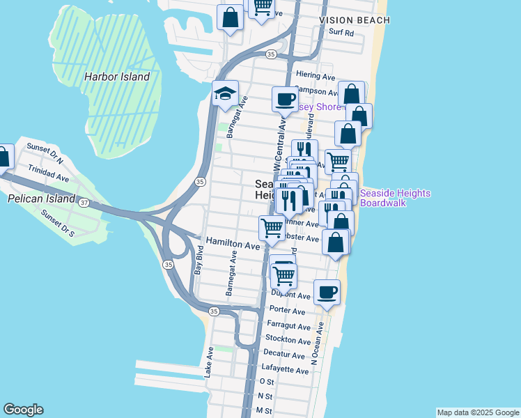 map of restaurants, bars, coffee shops, grocery stores, and more near 211 Blaine Avenue in Seaside Heights