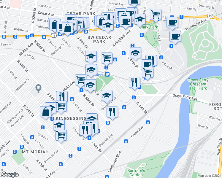 map of restaurants, bars, coffee shops, grocery stores, and more near 1221 South 50th Street in Philadelphia
