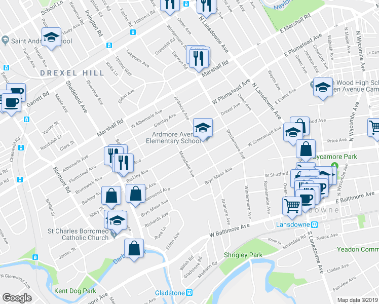 map of restaurants, bars, coffee shops, grocery stores, and more near 208 Berkley Ave in Lansdowne