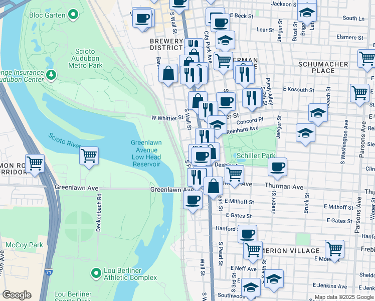 map of restaurants, bars, coffee shops, grocery stores, and more near 1000 South Front Street in Columbus