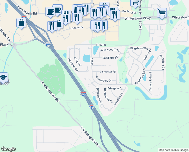 map of restaurants, bars, coffee shops, grocery stores, and more near 6255 Canterbury Drive in Zionsville