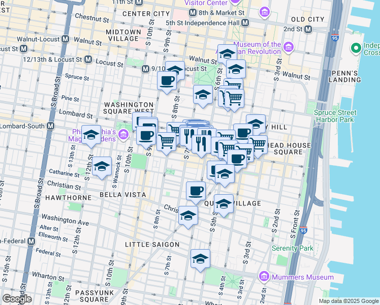 map of restaurants, bars, coffee shops, grocery stores, and more near 607 South 7th Street in Philadelphia