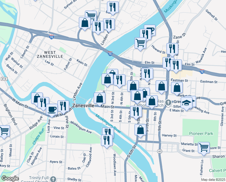 map of restaurants, bars, coffee shops, grocery stores, and more near North 3rd Street in Zanesville
