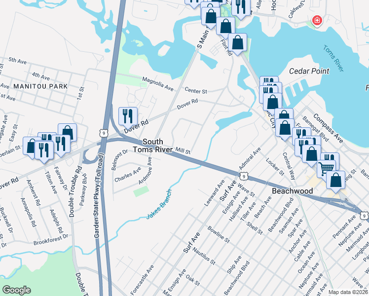 map of restaurants, bars, coffee shops, grocery stores, and more near 139 Mill St in Toms River
