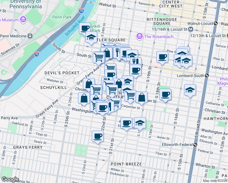 map of restaurants, bars, coffee shops, grocery stores, and more near in Philadelphia