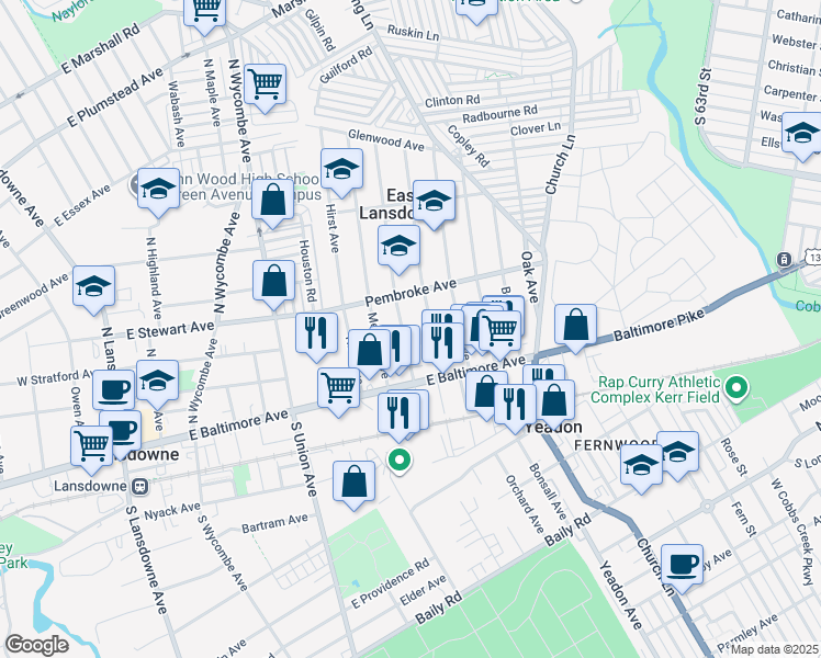 map of restaurants, bars, coffee shops, grocery stores, and more near 45 Lexington Avenue in Lansdowne