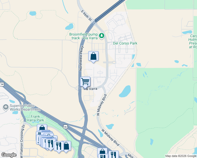 map of restaurants, bars, coffee shops, grocery stores, and more near 13585 Via Varra in Broomfield
