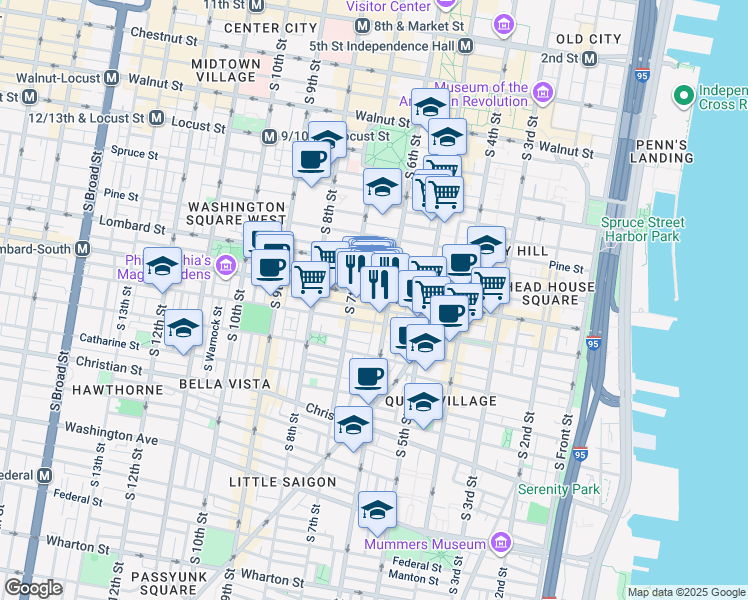 map of restaurants, bars, coffee shops, grocery stores, and more near 622 South Street in Philadelphia