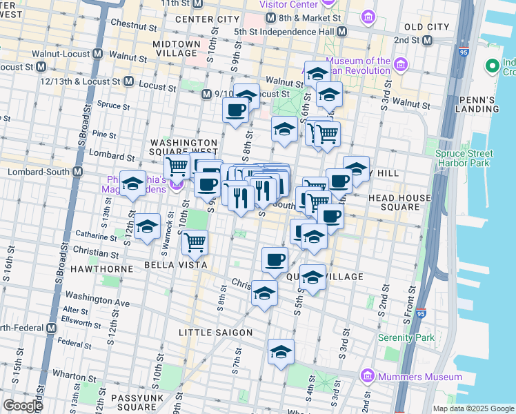 map of restaurants, bars, coffee shops, grocery stores, and more near 705 Kater Street in Philadelphia