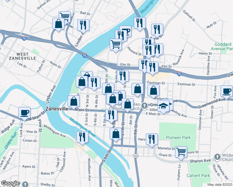 map of restaurants, bars, coffee shops, grocery stores, and more near 601 Market Street in Zanesville