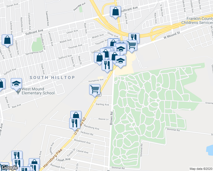 map of restaurants, bars, coffee shops, grocery stores, and more near 756 Harrisburg Pike in Columbus