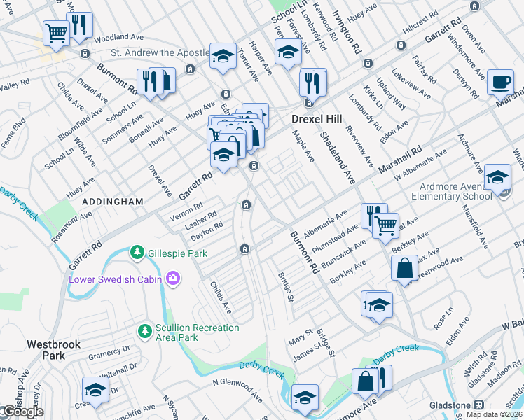 map of restaurants, bars, coffee shops, grocery stores, and more near 330 Burmont Road in Drexel Hill
