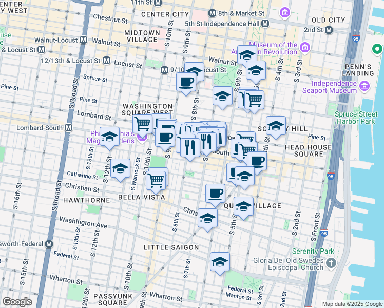 map of restaurants, bars, coffee shops, grocery stores, and more near 735 Kater Street in Philadelphia