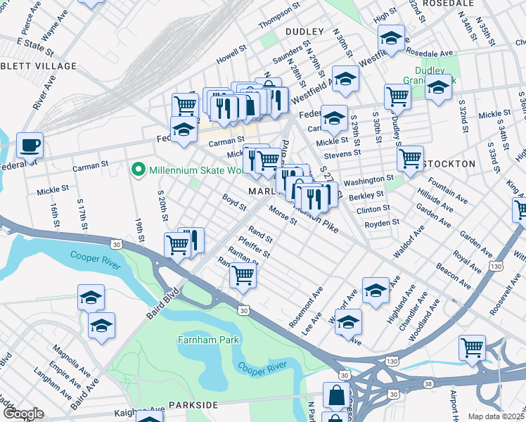 map of restaurants, bars, coffee shops, grocery stores, and more near 2418 Baird Boulevard in Camden