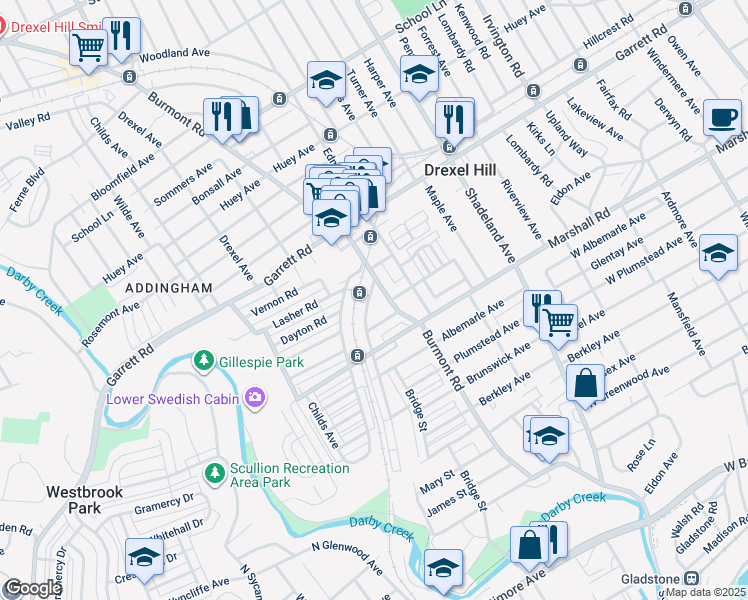 map of restaurants, bars, coffee shops, grocery stores, and more near 355 Blanchard Road in Drexel Hill