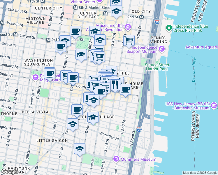 map of restaurants, bars, coffee shops, grocery stores, and more near 324 Gaskill Street in Philadelphia