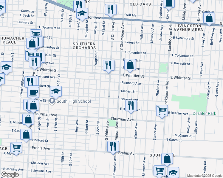 map of restaurants, bars, coffee shops, grocery stores, and more near 1119 South Ohio Avenue in Columbus