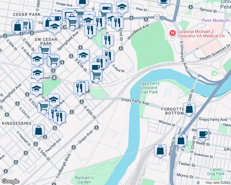 map of restaurants, bars, coffee shops, grocery stores, and more near 4628 Paschall Avenue in Philadelphia