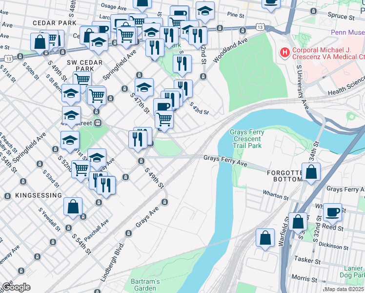 map of restaurants, bars, coffee shops, grocery stores, and more near 1439 South 47th Street in Philadelphia
