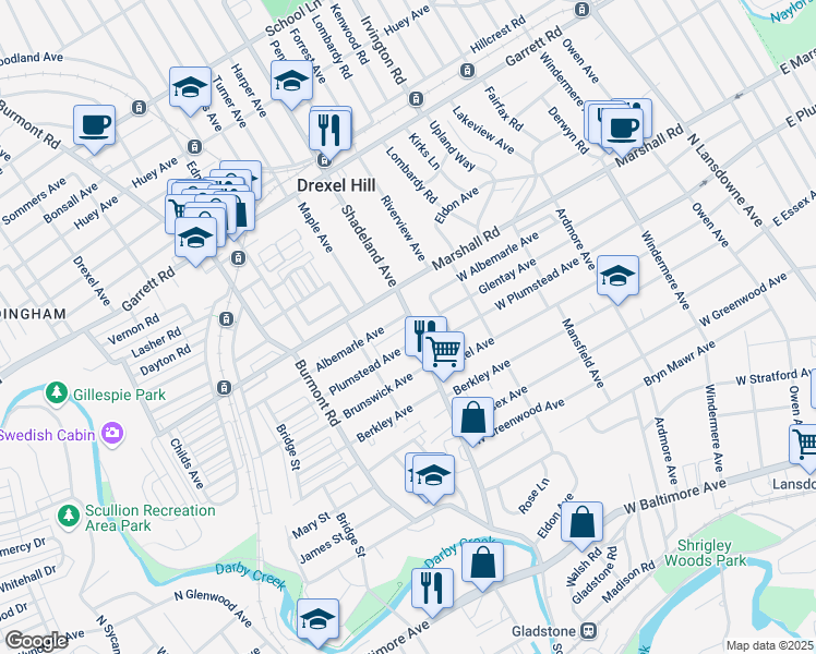 map of restaurants, bars, coffee shops, grocery stores, and more near 258 Shadeland Avenue in Drexel Hill
