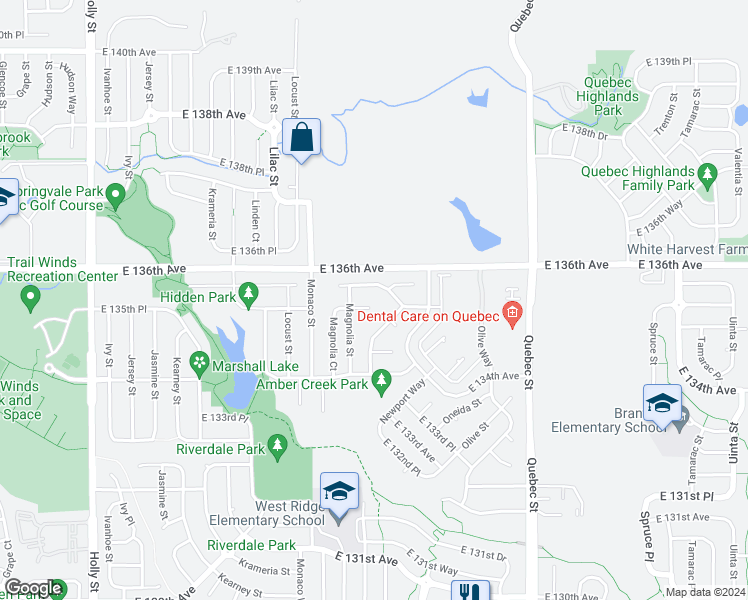 map of restaurants, bars, coffee shops, grocery stores, and more near 6633 East 135th Place in Thornton