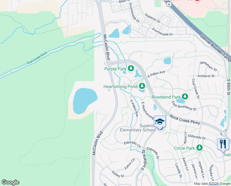 map of restaurants, bars, coffee shops, grocery stores, and more near McCaslin Boulevard in Superior