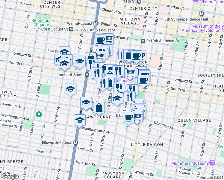 map of restaurants, bars, coffee shops, grocery stores, and more near 709 South 12th Street in Philadelphia