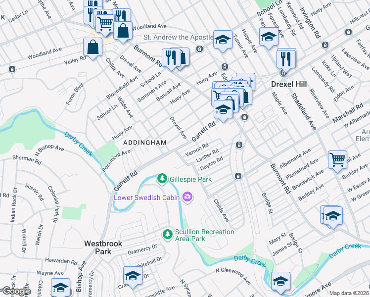 map of restaurants, bars, coffee shops, grocery stores, and more near 4128 Garrett Road in Drexel Hill