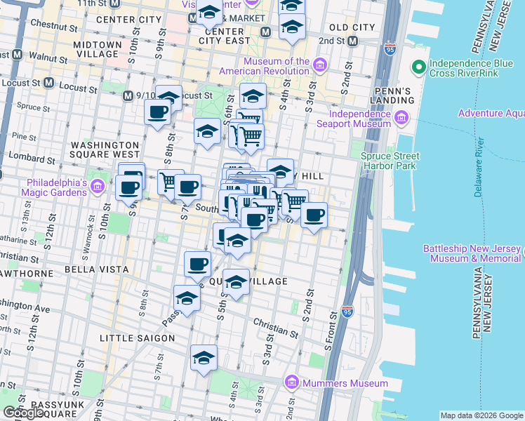map of restaurants, bars, coffee shops, grocery stores, and more near 524 South 4th Street in Philadelphia