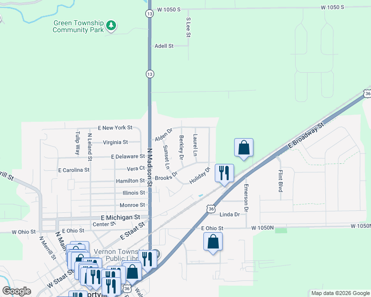 map of restaurants, bars, coffee shops, grocery stores, and more near 733 Berkley Drive in Fortville