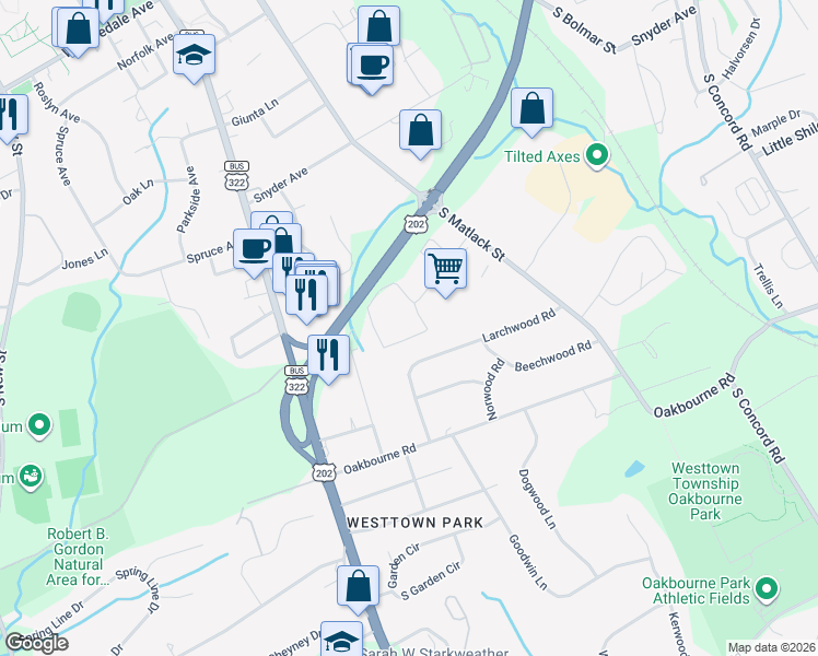 map of restaurants, bars, coffee shops, grocery stores, and more near 200 Willowbrook Lane in West Chester