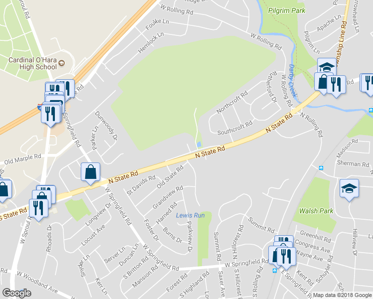 map of restaurants, bars, coffee shops, grocery stores, and more near 244 North State Road in Springfield