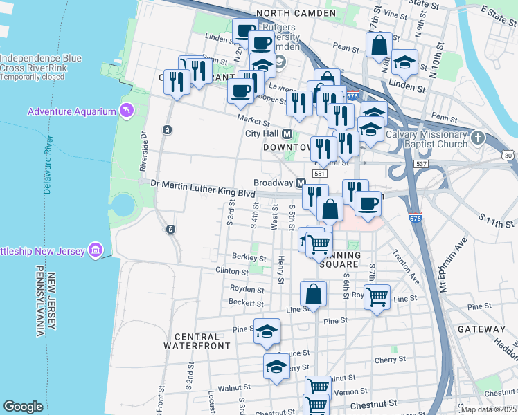 map of restaurants, bars, coffee shops, grocery stores, and more near 403 Stevens Street in Camden