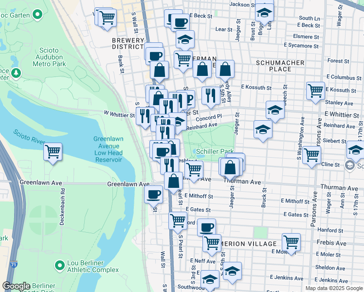 map of restaurants, bars, coffee shops, grocery stores, and more near in Columbus