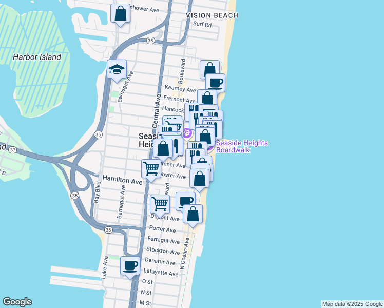 map of restaurants, bars, coffee shops, grocery stores, and more near 24 Blaine Avenue in Seaside Heights