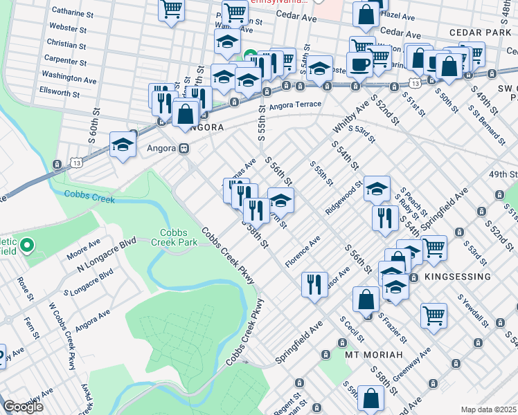 map of restaurants, bars, coffee shops, grocery stores, and more near 5706 Whitby Avenue in Philadelphia