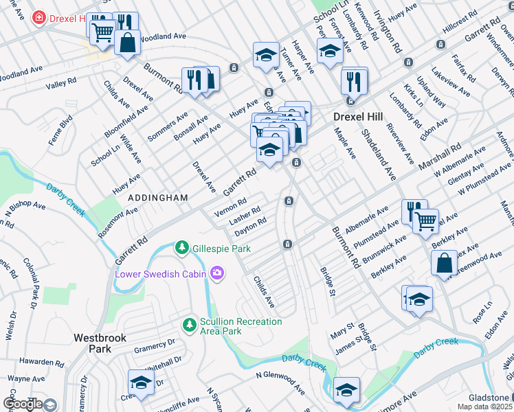 map of restaurants, bars, coffee shops, grocery stores, and more near 4015 Lasher Road in Drexel Hill