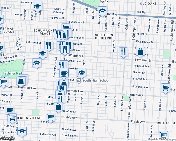 map of restaurants, bars, coffee shops, grocery stores, and more near 667 Siebert Street in Columbus
