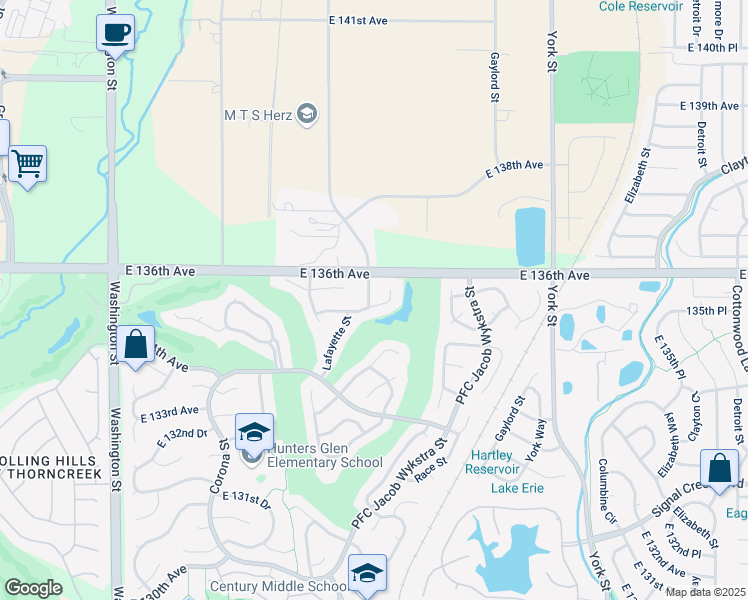 map of restaurants, bars, coffee shops, grocery stores, and more near 13526 Franklin Street in Thornton