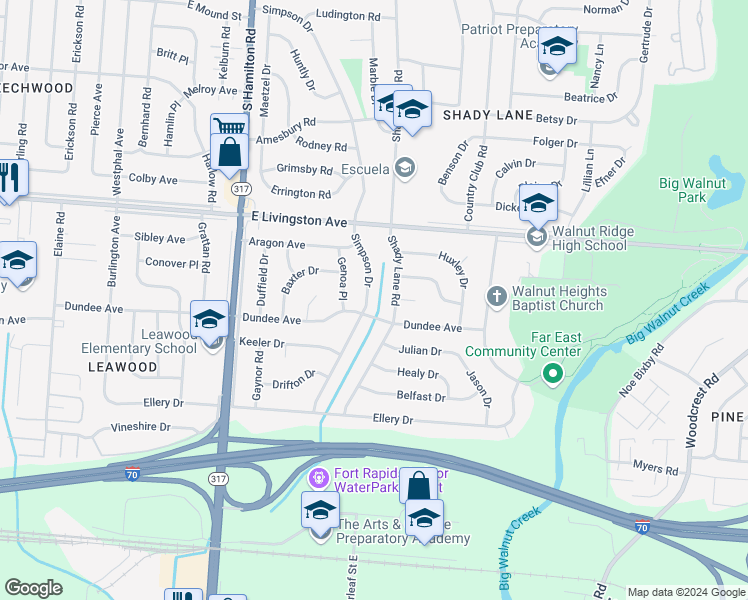 map of restaurants, bars, coffee shops, grocery stores, and more near 1636 Simpson Drive in Columbus