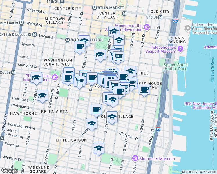 map of restaurants, bars, coffee shops, grocery stores, and more near 517 South Street in Philadelphia