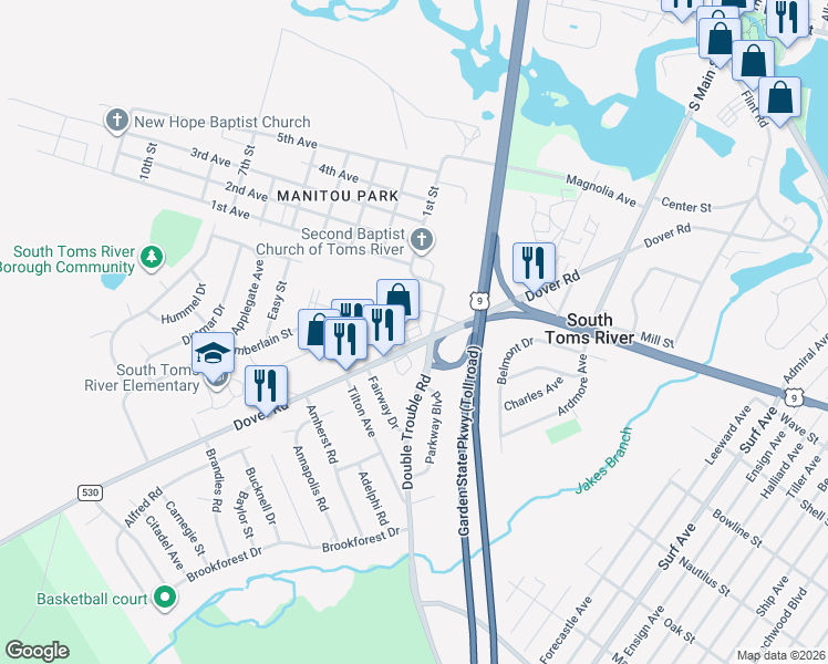 map of restaurants, bars, coffee shops, grocery stores, and more near in South Toms River
